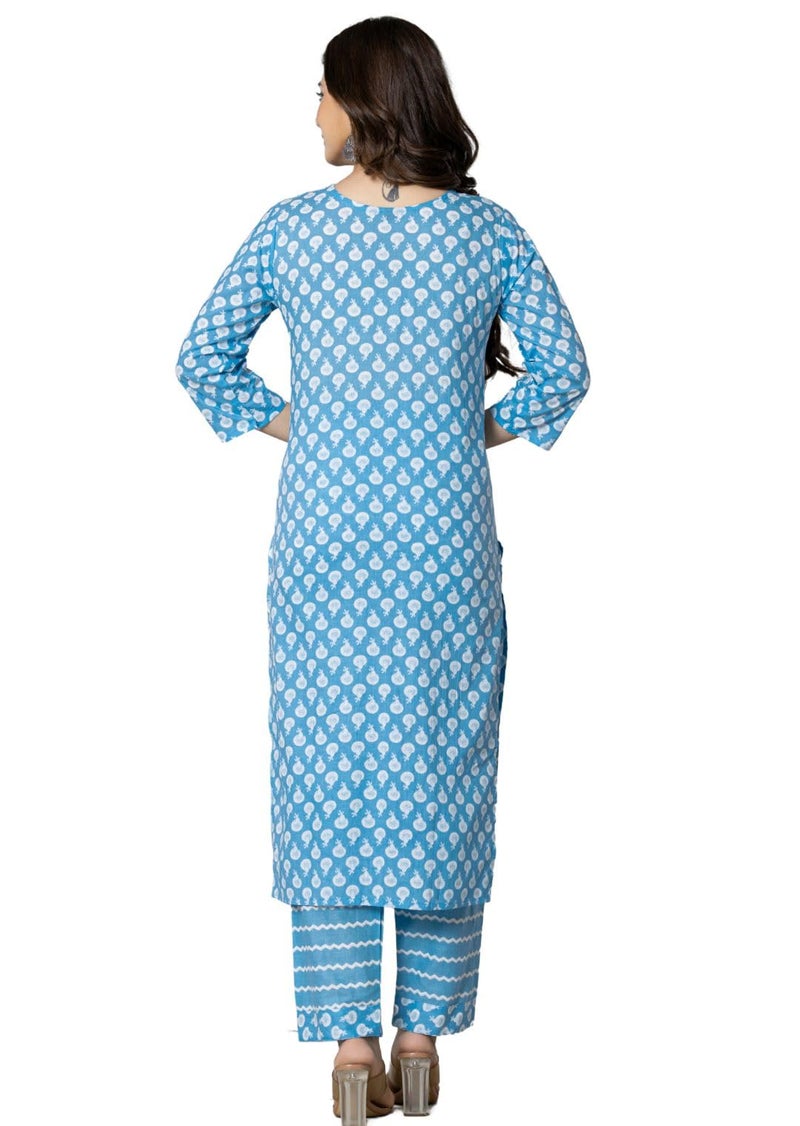 rytras Women's Pure Cotton Printed Straight Kurta Set with Palazzo Pants & Dupatta- Ethnic Wear, Blue(RYT586-New,L) - Image 2