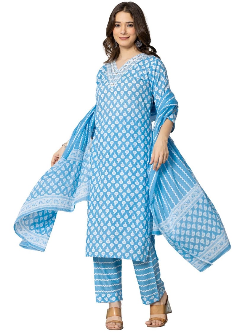 rytras Women's Pure Cotton Printed Straight Kurta Set with Palazzo Pants & Dupatta- Ethnic Wear, Blue(RYT586-New,L) - Image 5