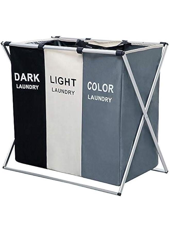 3 Section Laundry Basket Printed Dark Light Color, Foldable Hamper/Sorter with Waterproof Oxford Bags and Aluminum Frame, Washing Clothes Storage for Home, Dormitary Multicolored - Image 1