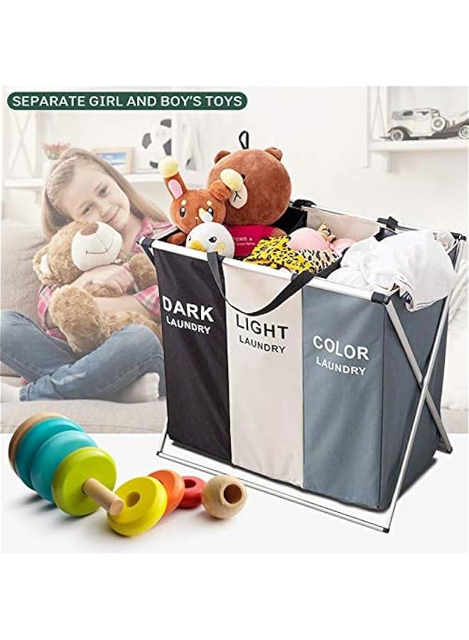 3 Section Laundry Basket Printed Dark Light Color, Foldable Hamper/Sorter with Waterproof Oxford Bags and Aluminum Frame, Washing Clothes Storage for Home, Dormitary Multicolored - Image 2