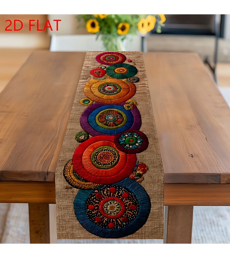 Bohemian Style Colorful Circular Pattern Table Runner 2D Flat 13x48.07 Inch Multi Toned For Spring Festival Party Diwali Dining Table Home Kitchen Cafe - Image 1