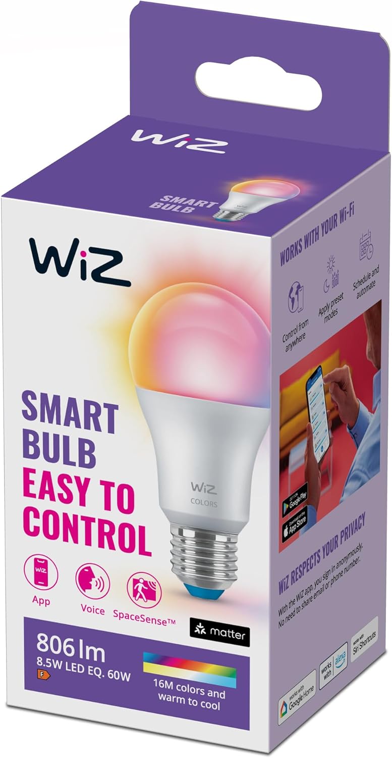 ويز مصباح WiZ E27 LED أبيض وملون قابل للتعديل، 60 واط، قابل للتعتيم، 16 مليون لون، تحكم ذكي عبر التطبيق/الصوت عبر WLAN - Image 1
