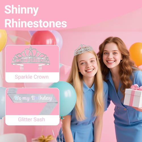 Papoopy Birthday Tiara and Crown with Sash, Birthday Tiara for Women Party Silver - Image 5