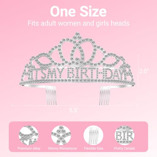 Papoopy Birthday Tiara and Crown with Sash, Birthday Tiara for Women Party Silver - Image 2
