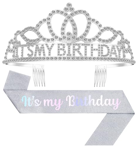 Papoopy Birthday Tiara and Crown with Sash, Birthday Tiara for Women Party Silver - Image 1