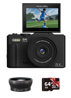 IqwiCam 5K Digital Camera, 75MP Camera Digital  for Photography, Point and Shoot Camara Vlogging Camera with 64GB SD Card, 18X Digital Cameras for YouTube with 3" 180° Flip Screen, Wide Angle & Macro Lens, Anti-Shake Compact Travel Camera for Beginner Gift  - Image 1