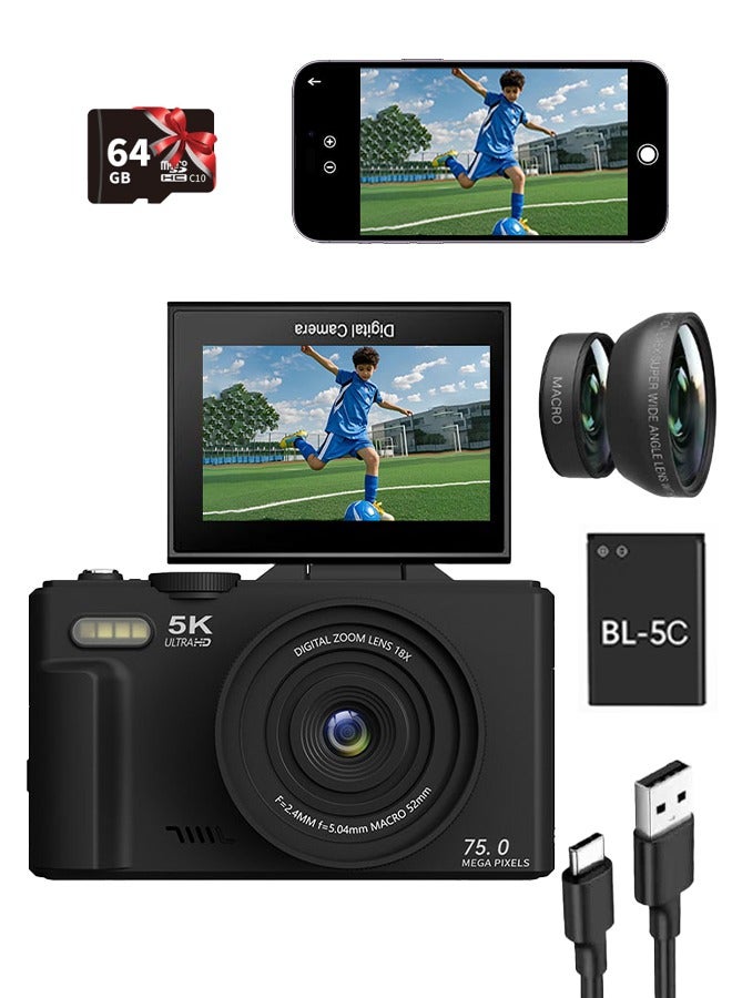 IqwiCam 5K Digital Camera, 75MP Camera Digital  for Photography, Point and Shoot Camara Vlogging Camera with 64GB SD Card, 18X Digital Cameras with 3" 180° Flip Screen, Wide Angle & Macro Lens, Anti-Shake Compact Travel Camera for Beginner Gift - Image 1
