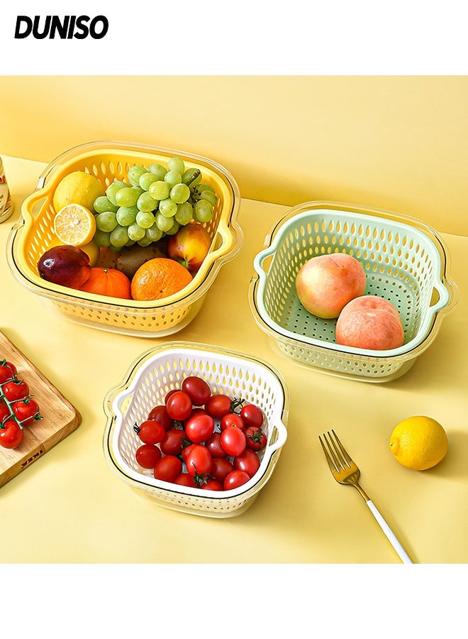 DUNISO 2 In 1 Multifunctional Drain Basket Set Double Layered Drainage Basket Funnel Strainer Household Kitchen Strainer Bowl Plastic Washing Vegetables Basket with Handle for Fruit Washing, Vegetable Draining and Food Storage - Image 1