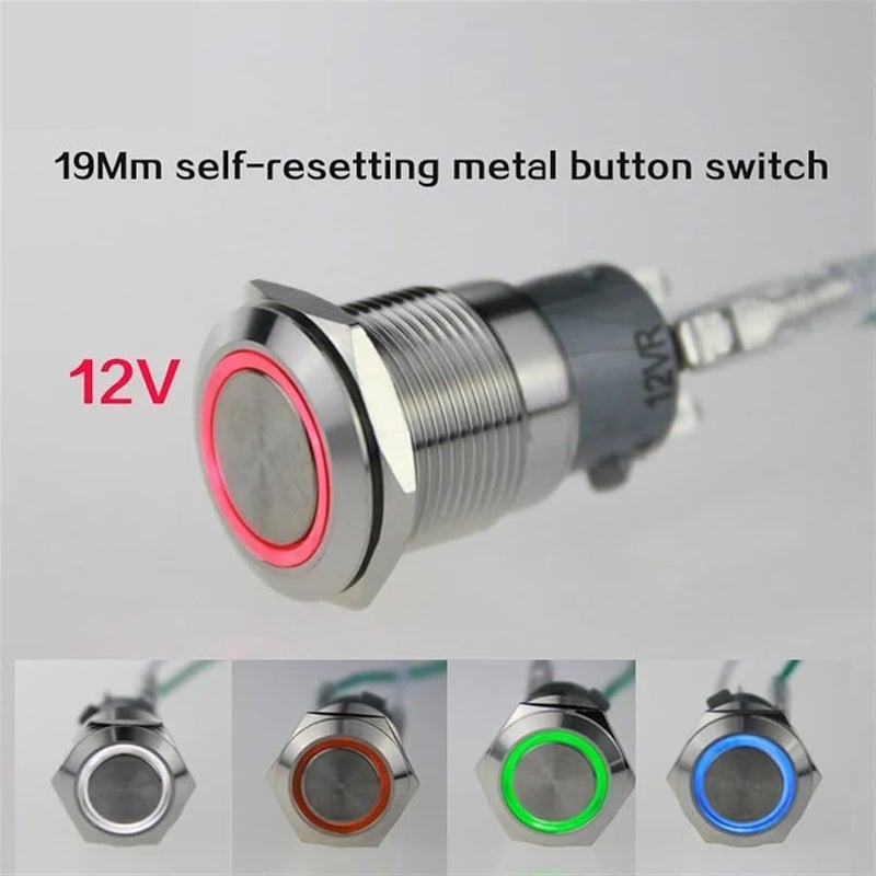 زر إعادة ضبط أزرق 19 مم مفتاح إضاءة معدني 12 فولت 5 أمبير 250 فولت تيار مستمر مقاوم للماء والصَدَأ - Image 3