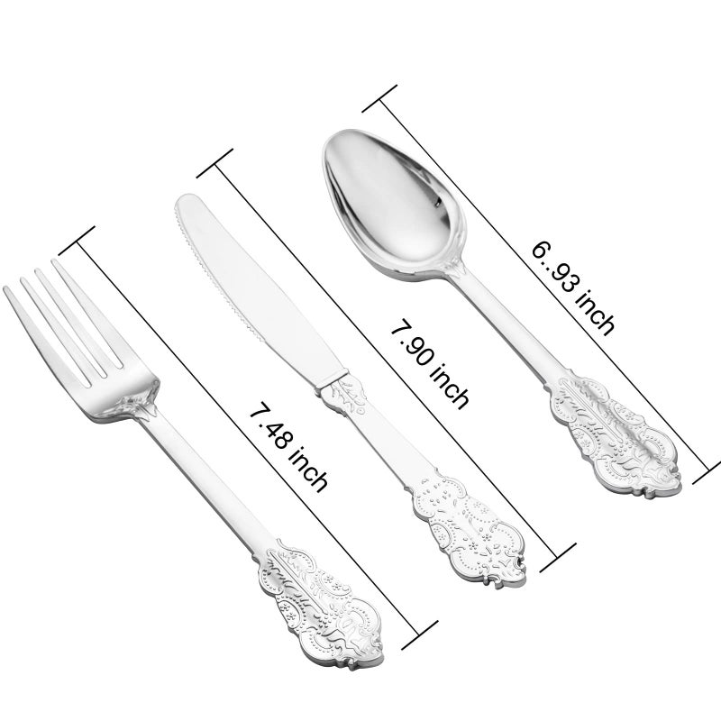 BUCLA 600PCS Silver Plastic Silverware - Heavyweight Disposable Plastic Cutlery - Include 200 Forks  200 Spoons  200 Knives in Silver for Parties - Image 2