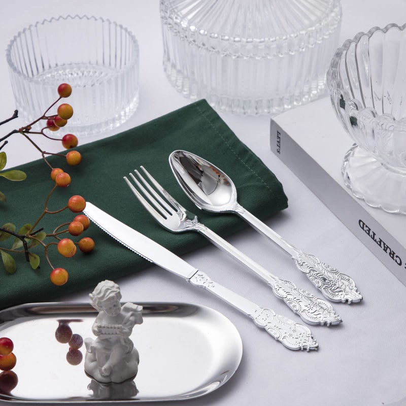 BUCLA 600PCS Silver Plastic Silverware - Heavyweight Disposable Plastic Cutlery - Include 200 Forks  200 Spoons  200 Knives in Silver for Parties - Image 1