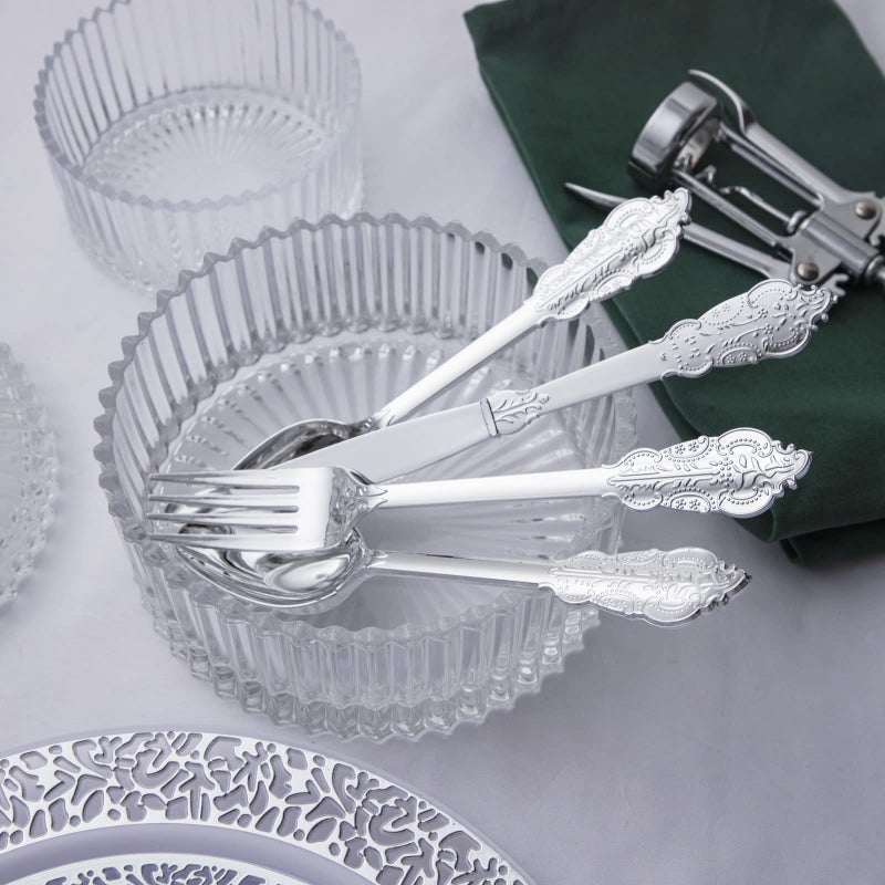 BUCLA 600PCS Silver Plastic Silverware - Heavyweight Disposable Plastic Cutlery - Include 200 Forks  200 Spoons  200 Knives in Silver for Parties - Image 4