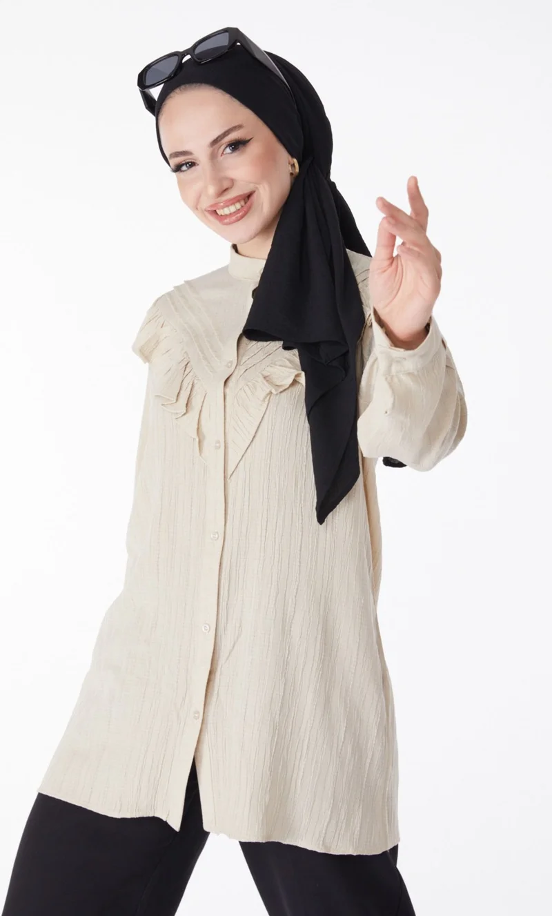 Tofisa Plain Shirt Collar Women's Beige Ruffle Shirt - 25257