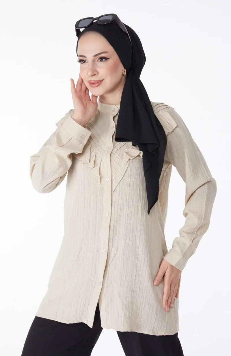 Tofisa Plain Shirt Collar Women's Beige Ruffle Shirt - 25257