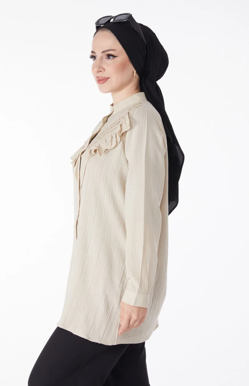 Tofisa Plain Shirt Collar Women's Beige Ruffle Shirt - 25257