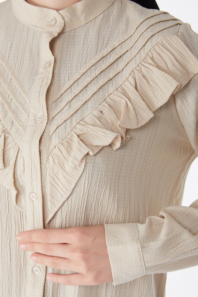 Tofisa Plain Shirt Collar Women's Beige Ruffle Shirt - 25257