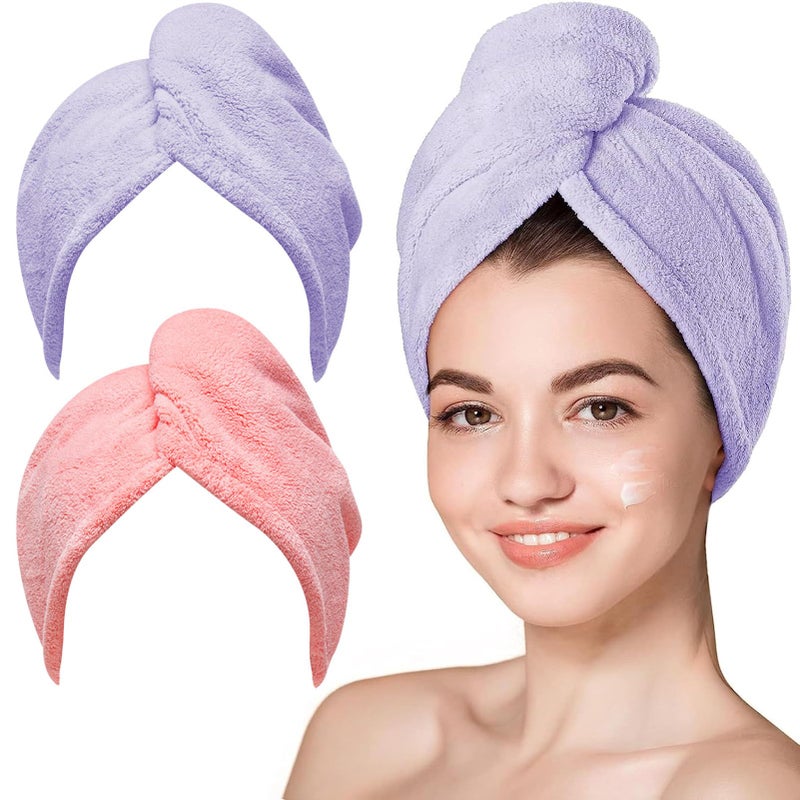 Hicober Microfiber Hair Towel 2Packs Hair Turbans Wrap for Women Wet Hair Hair Drying Towels for Curly Hair Anti FrizzPurplePink - Image 2