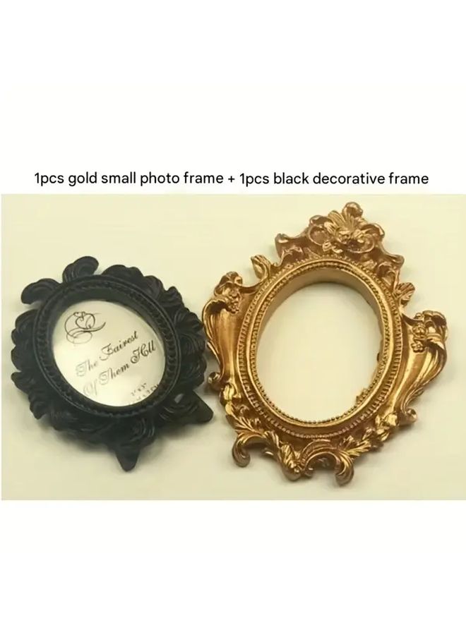 1pc Golden Small Photo Frame And 1pc Black Decorative Frame Vintage European Miniature Oval Tabletop Picture Frame With Painted Slant Back Design For Single Photo Display Home Office Decor Wedding Party - Image 2