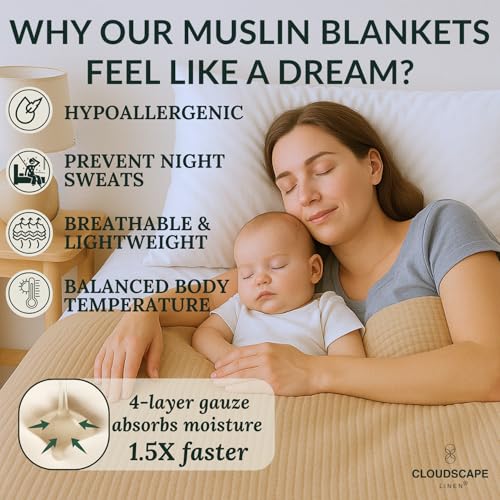 CloudScape Linen Cloud Scape Linen Oversized 4 Layer Muslin Blanket Queen Size - 100% Cotton, Lightweight & Breathable All Season Gauze, Pre-Washed, fits Full Bed, 92x92, Beige Fog - Image 4
