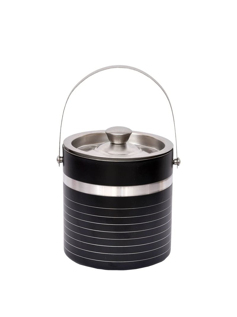 E - Ezra EEZRA Double Walled SilverToned Stainless Steel Black Striped Ice Bucket Lid Tong1500 ML - Image 4