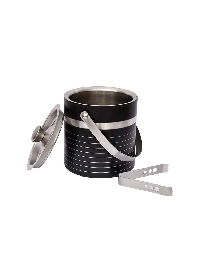 E - Ezra EEZRA Double Walled SilverToned Stainless Steel Black Striped Ice Bucket Lid Tong1500 ML - Image 3