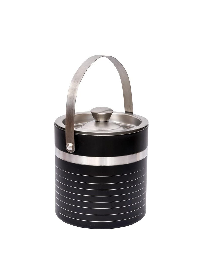 E - Ezra EEZRA Double Walled SilverToned Stainless Steel Black Striped Ice Bucket Lid Tong1500 ML - Image 5