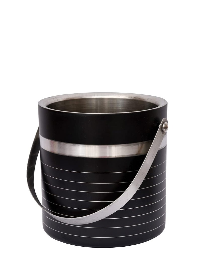 E - Ezra EEZRA Double Walled SilverToned Stainless Steel Black Striped Ice Bucket Lid Tong1500 ML - Image 2