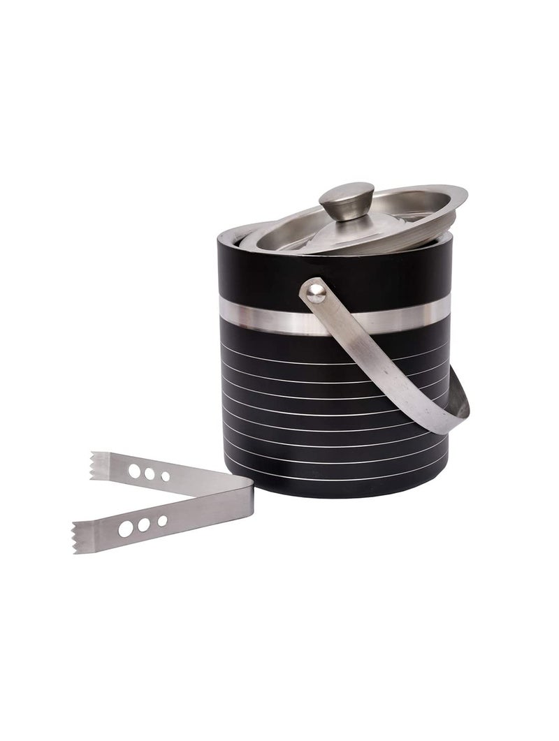E - Ezra EEZRA Double Walled SilverToned Stainless Steel Black Striped Ice Bucket Lid Tong1500 ML - Image 1