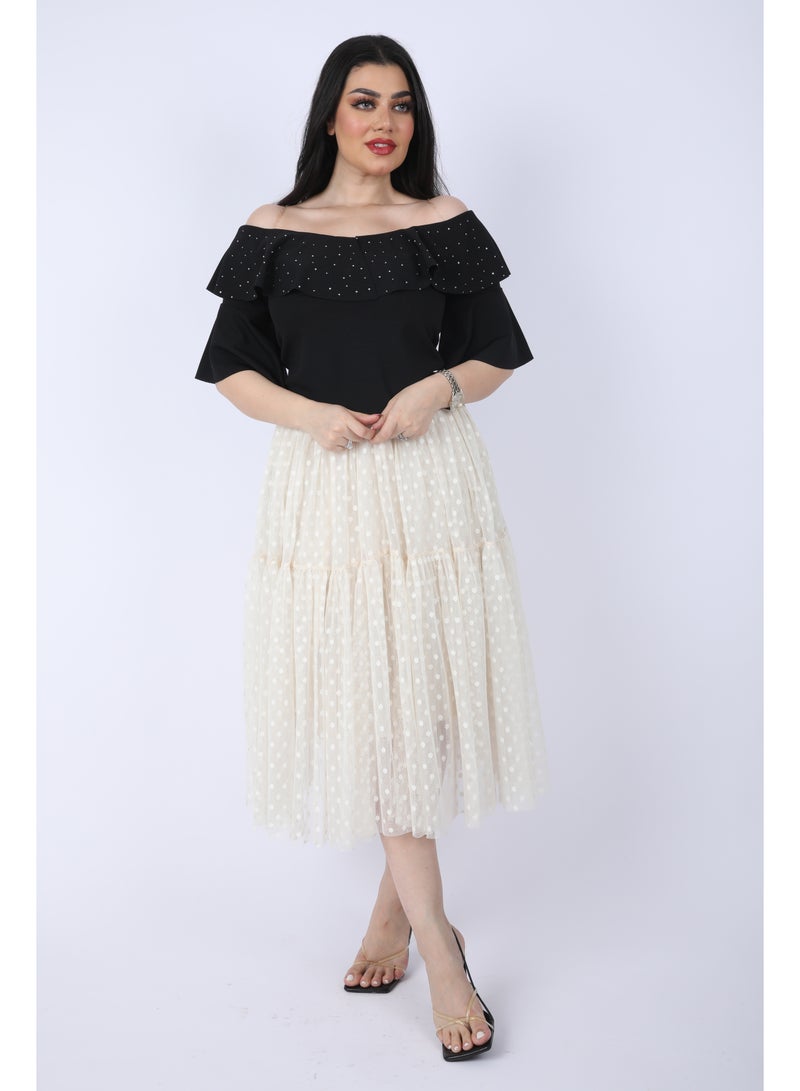 Elegant Two-piece set, black blouse and white tulle skirt