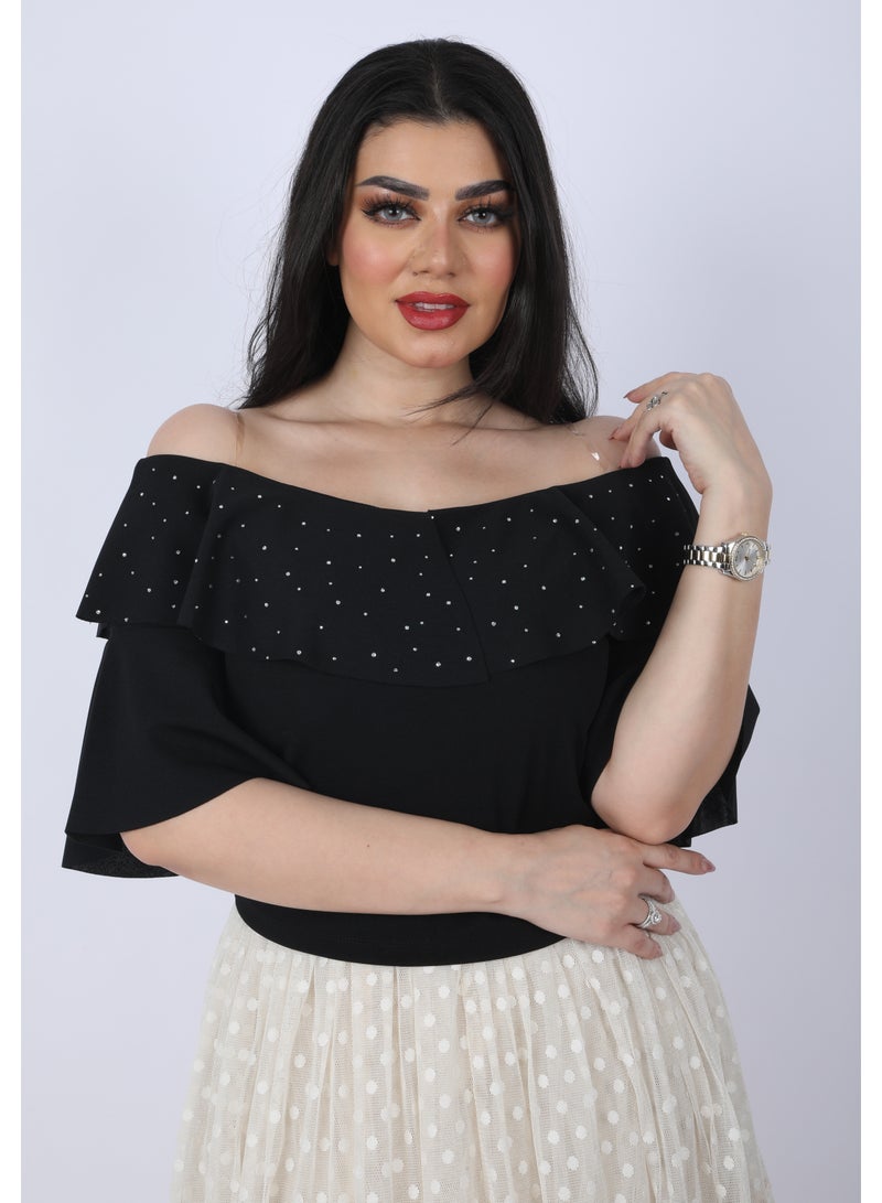 Elegant Two-piece set, black blouse and white tulle skirt
