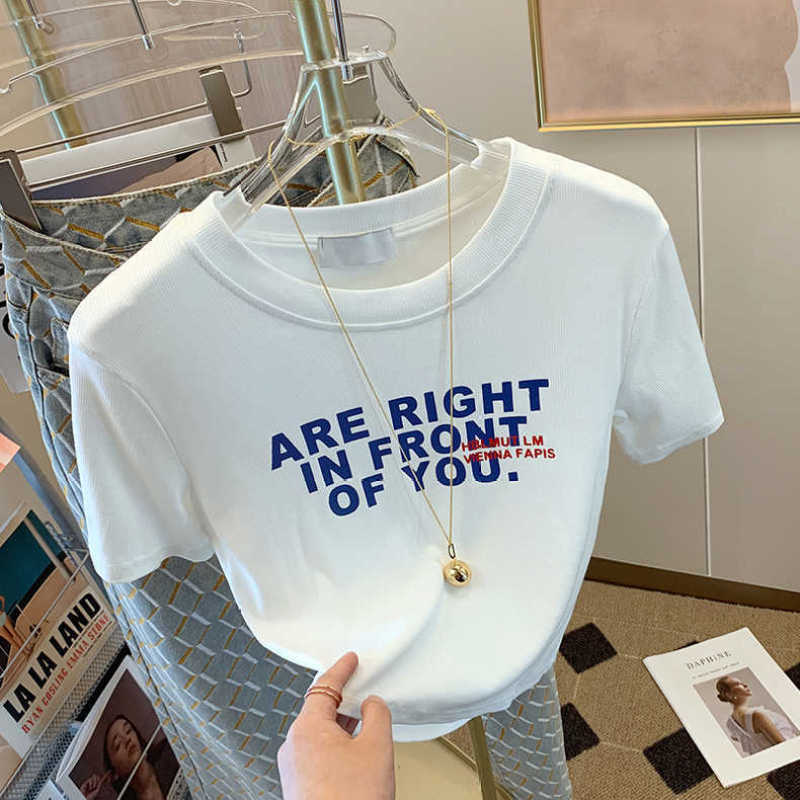 Trendy Brand Letter Printed Short-Sleeved Threaded T-Shirt Women'S 2025 All-Match Slim Look Chic Short Top Ins - Image 3
