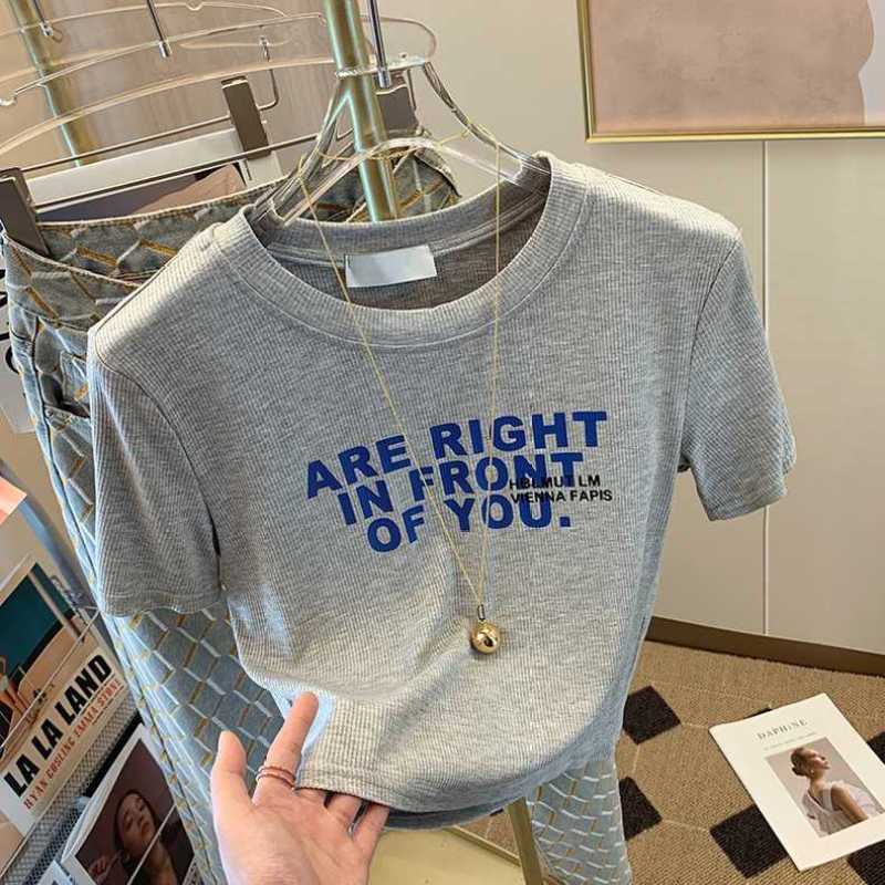 Trendy Brand Letter Printed Short-Sleeved Threaded T-Shirt Women'S 2025 All-Match Slim Look Chic Short Top Ins - Image 5