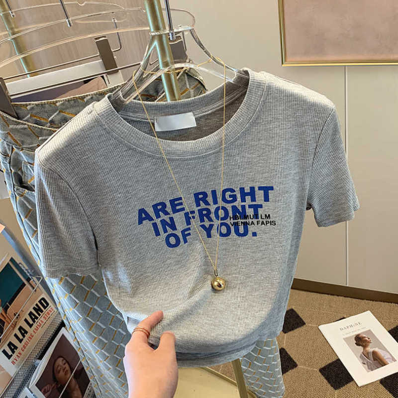 Trendy Brand Letter Printed Short-Sleeved Threaded T-Shirt Women'S 2025 All-Match Slim Look Chic Short Top Ins - Image 2