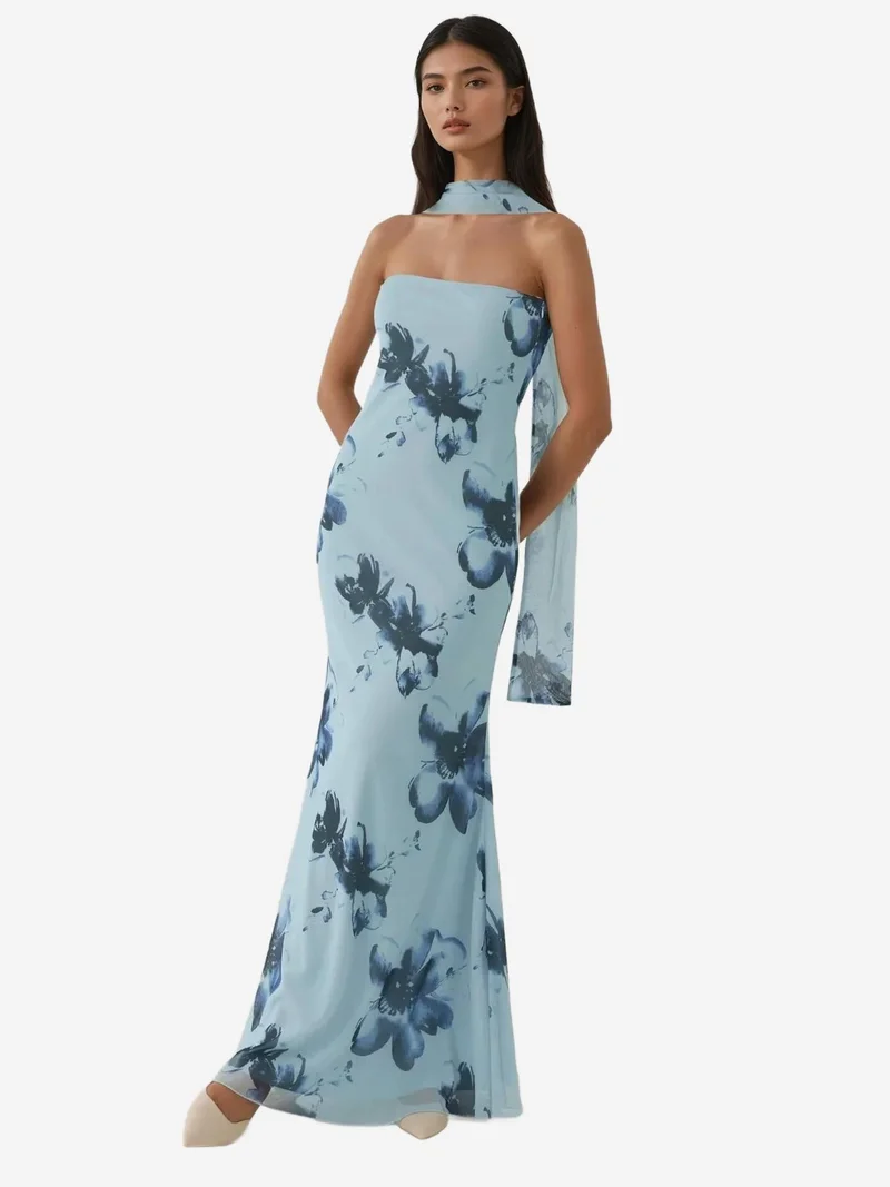 زوبعة فستان ماكسي ضيق بدون حمالات بنقوش زهور