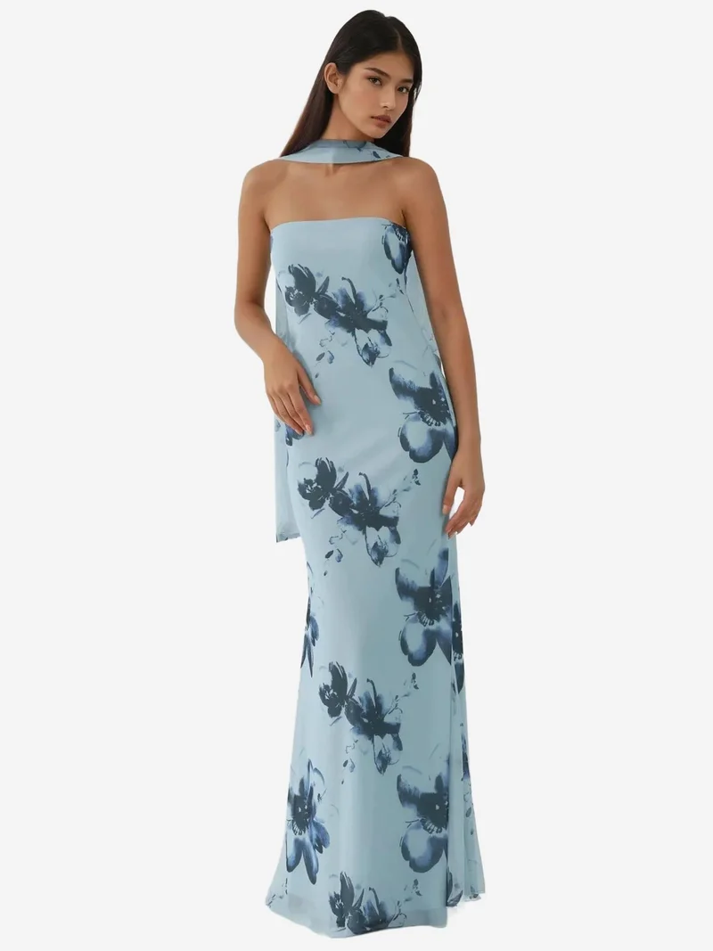 HICCUP Baby Blue Strapless Flowering Bodycon Maxi Dress for Women | Best Price UAE