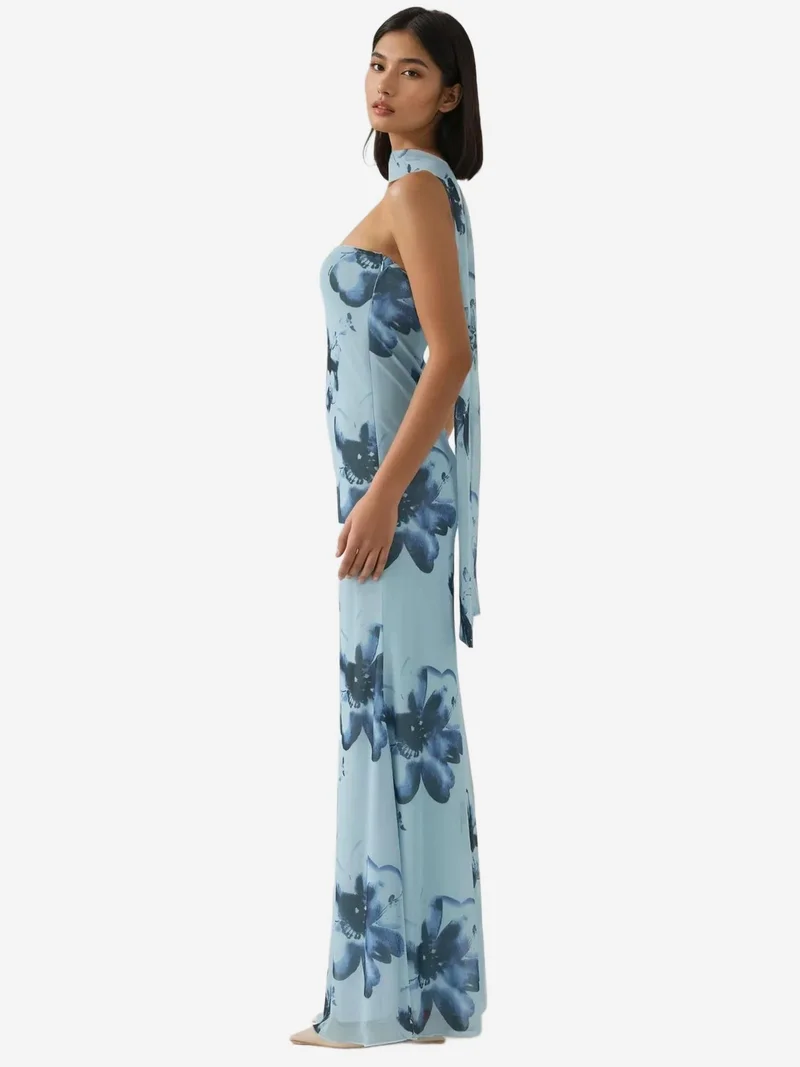 HICCUP Baby Blue Strapless Flowering Bodycon Maxi Dress for Women | Best Price UAE
