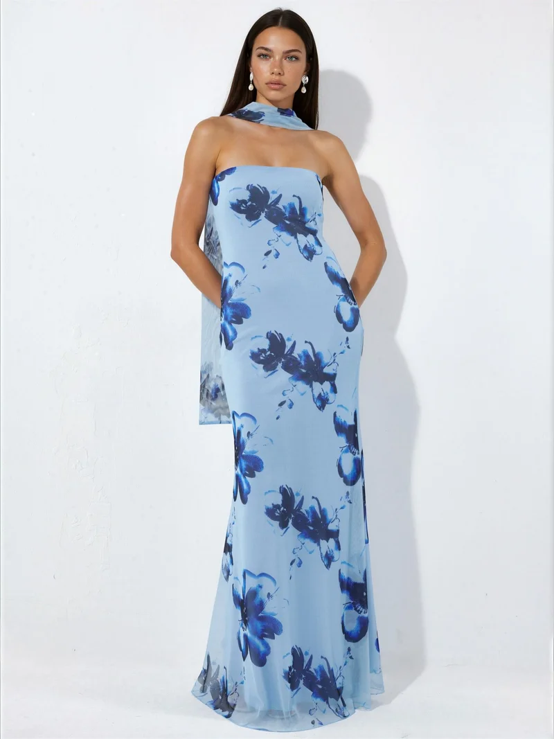 Hiccup Baby Blue Strapless Flowering Bodycon Maxi Dress for Women | Best Price UAE
