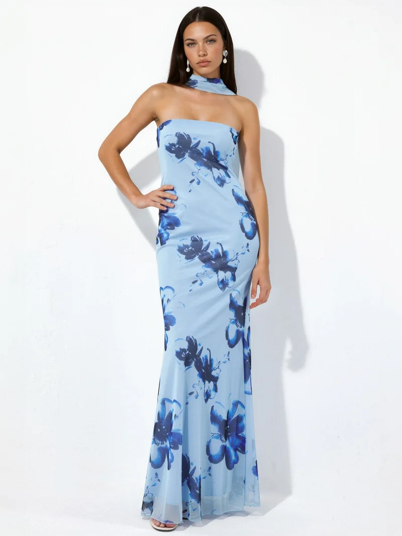 Hiccup Baby Blue Strapless Flowering Bodycon Maxi Dress for Women | Best Price UAE