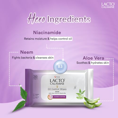Lacto Calamine Oil Control Face Wipes 30N each- Pack of 1 | Makeup Remover Wipes | Wet Tissue for Face With Neem, Aloe Vera & Niacinamide | Wet Wipes for Women & Men | Pararben & Alcohol Free - Image 3