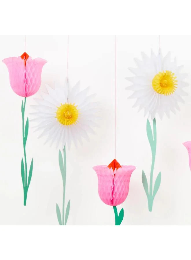 Meri Meri  Honeycomb Flower Decorations - Set of 6 Paper Daffodils and Tulips with 3D Tissue Honeycomb, Hidden Magnets and Neon Coral Cord for Spring Party and Home Décor  | Best Price UAE