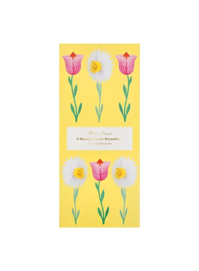 Meri Meri  Honeycomb Flower Decorations - Set of 6 Paper Daffodils and Tulips with 3D Tissue Honeycomb, Hidden Magnets and Neon Coral Cord for Spring Party and Home Décor  | Best Price UAE