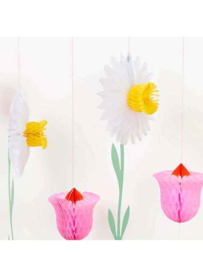ميري ميري Honeycomb Flower Decorations - Set of 6 Paper Daffodils and Tulips with 3D Tissue Honeycomb, Hidden Magnets and Neon Coral Cord for Spring Party and Home Décor
