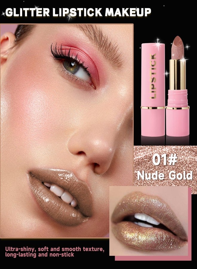 LYSdefeu Diamond Glitter Matte Lipstick,Gold Pink Metallic Shimmer Lip Gloss Lip Tint,Longlasting Waterproof Non-Stick Lip Color,Full Coverage Lipgloss Lipstain,Mother's Day Lip Makeup Gift for Women-01 - Image 2