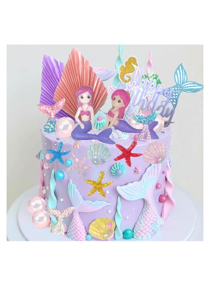 KASTWAVE Mermaid Cake Toppers, 27Pcs Under The Sea Cake Toppers Kit with Mermaid Figurines starfish Shell mermaid Tail cupcake Picks for Kids Girls Birthday Baby Shower Party Decorations - Image 3