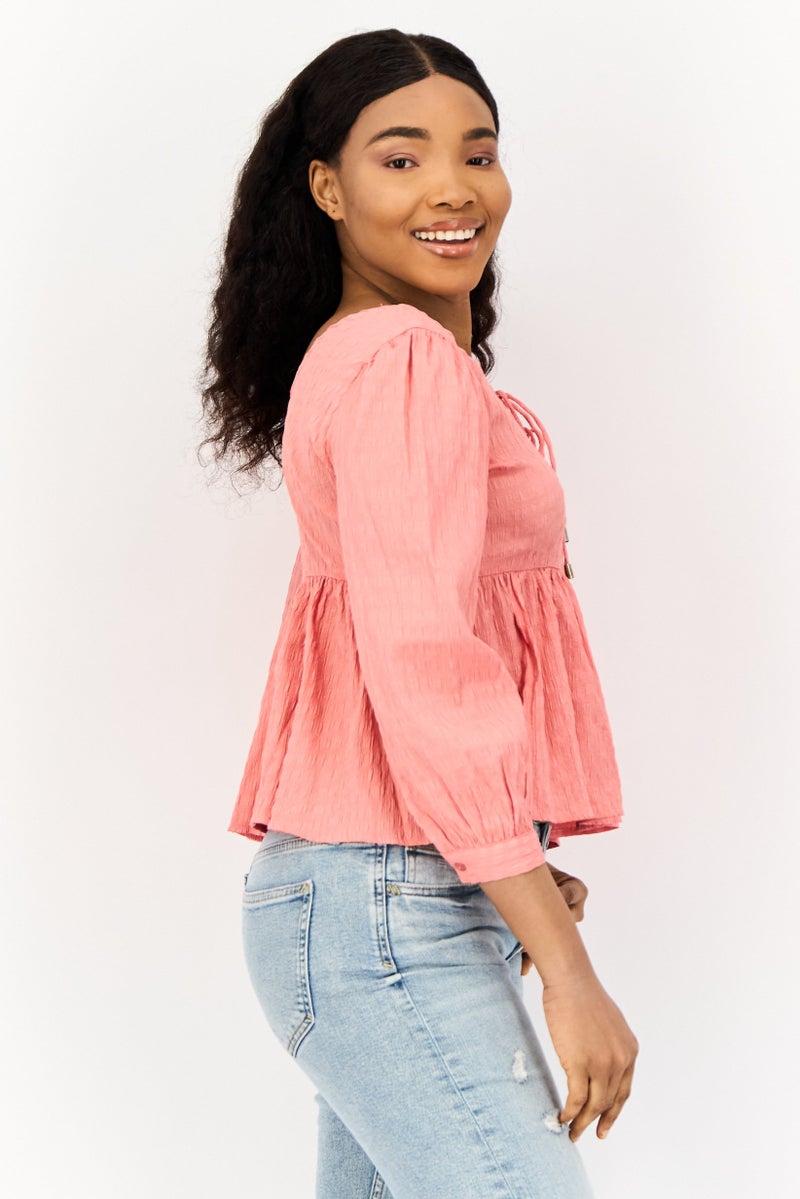 ONLY Women Tie Neck Long Sleeves Textured Blouse, Pink  - Image 4