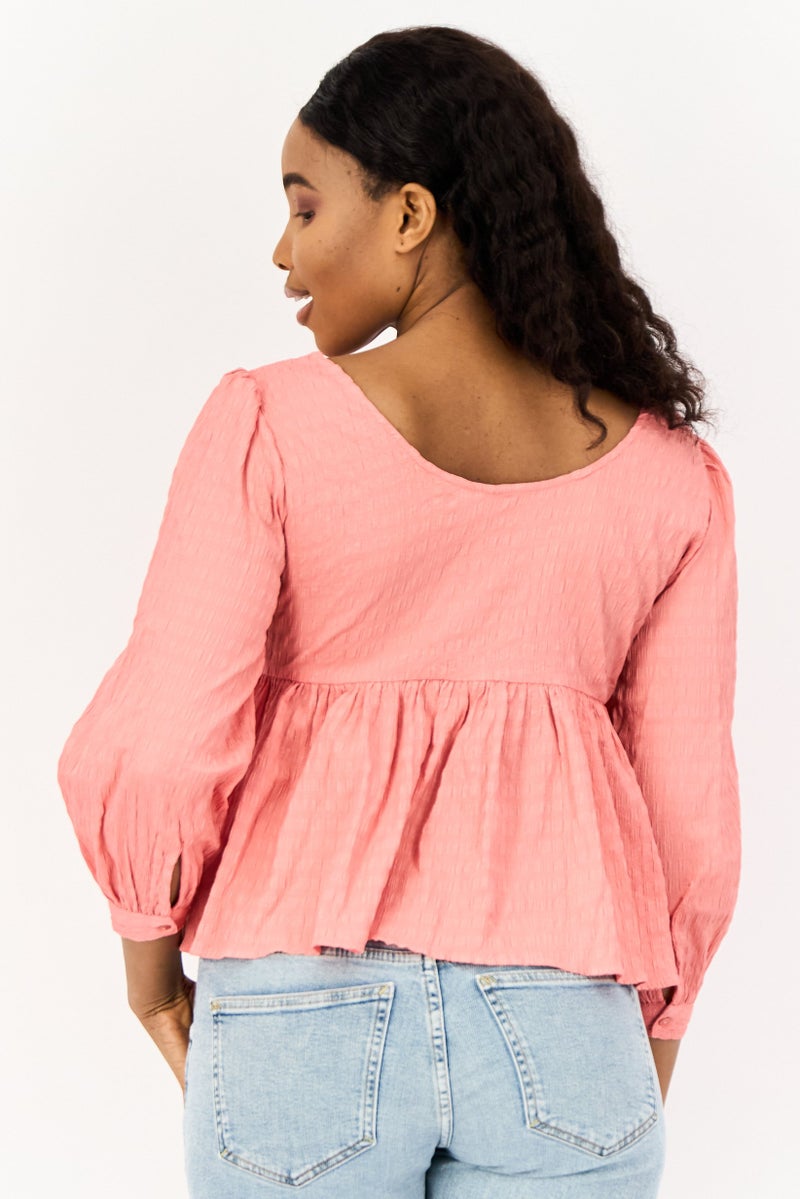 ONLY Women Tie Neck Long Sleeves Textured Blouse, Pink  - Image 2