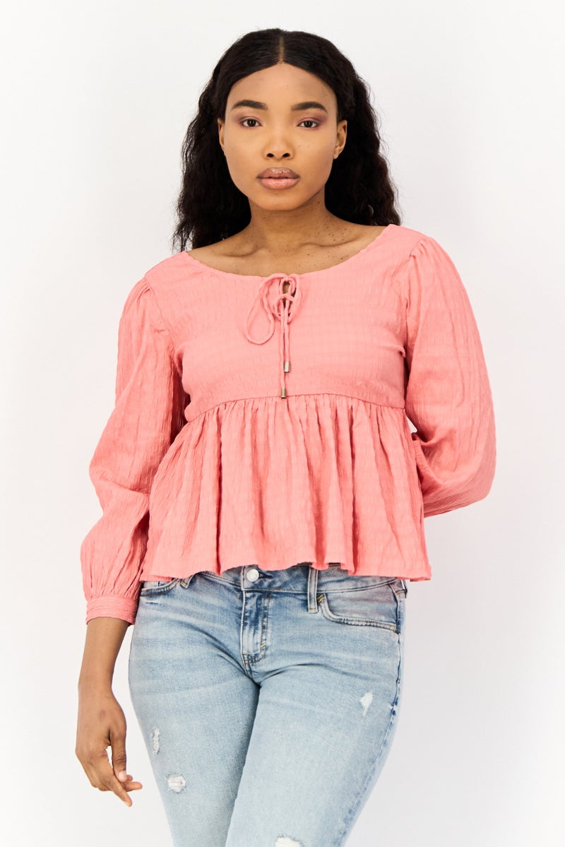 ONLY Women Tie Neck Long Sleeves Textured Blouse, Pink  - Image 1