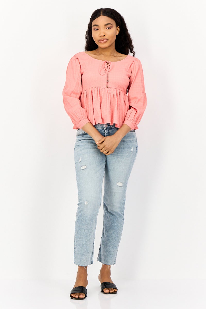 ONLY Women Tie Neck Long Sleeves Textured Blouse, Pink  - Image 3
