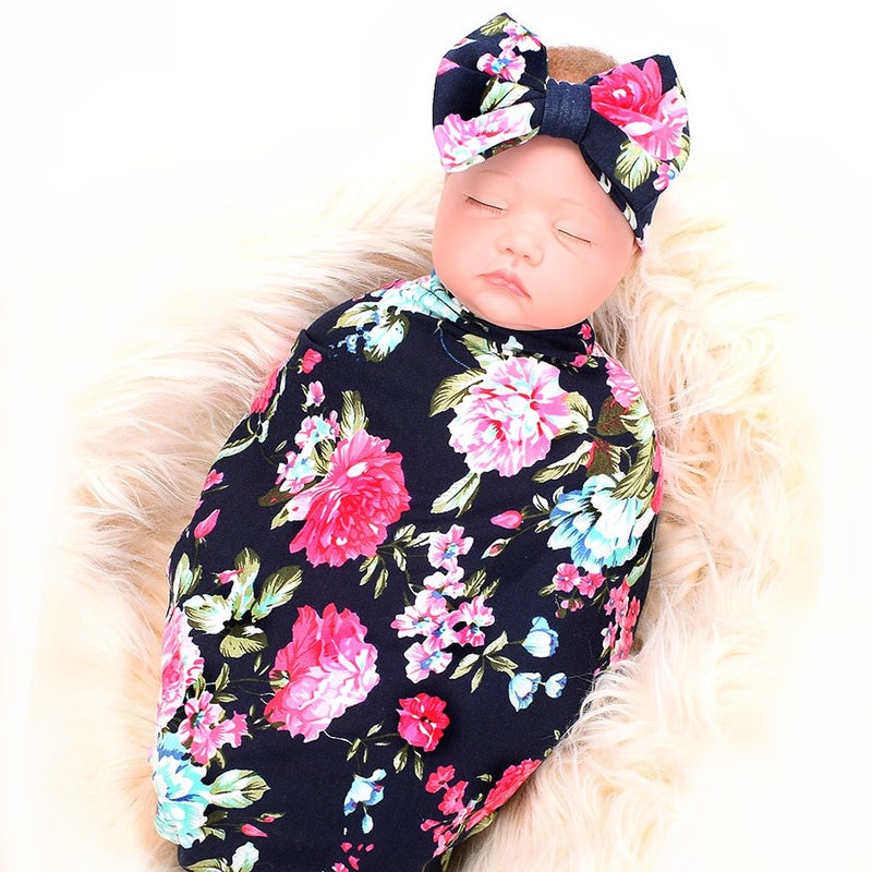 Galabloomer Receiving Blanket Headband Set Flower Print Baby Swaddle Receiving Blanketsâ€¦ (Navy Blue Rose) - Image 2