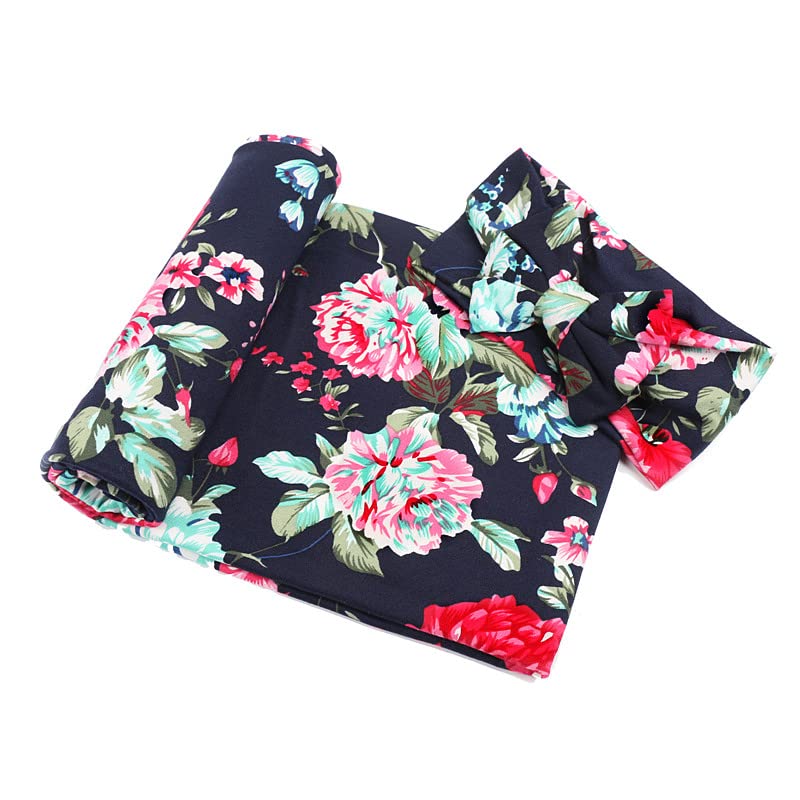 Galabloomer Receiving Blanket Headband Set Flower Print Baby Swaddle Receiving Blanketsâ€¦ (Navy Blue Rose) - Image 5